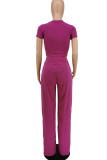 Rose Red Casual Solid Patchwork O Neck Short Sleeve Two Pieces