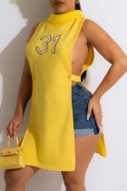 Yellow Fashion Sexy Print Hollowed Out Turtleneck Tops