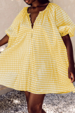 Pink Casual Plaid Patchwork V Neck Cake Skirt Dresses