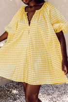 Yellow Casual Plaid Patchwork V Neck Cake Skirt Dresses