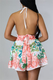 Green Fashion Sexy Print Bandage Backless Halter Sleeveless Two Pieces
