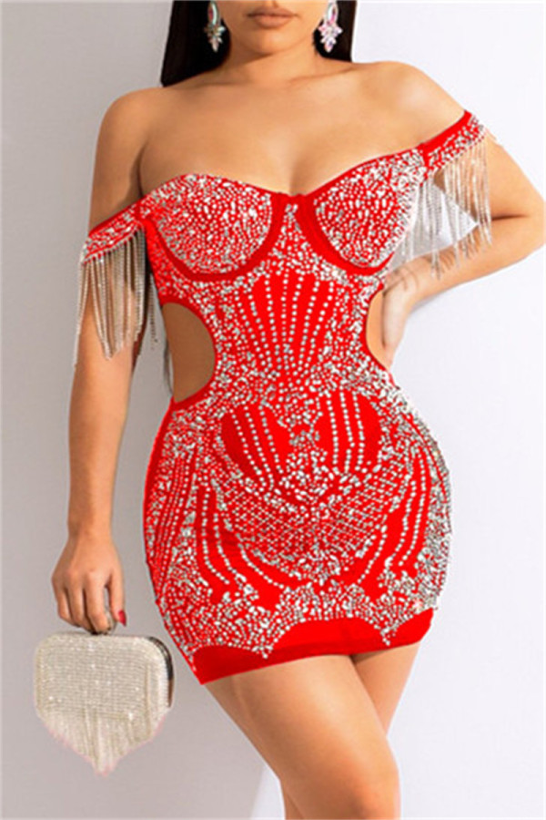 Red Fashion Sexy Patchwork Hot Drilling Hollowed Out Backless Off the Shoulder A Line Dresses