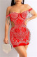 Red Fashion Sexy Patchwork Hot Drilling Hollowed Out Backless Off the Shoulder A Line Dresses