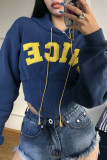 Navy Blue Casual Street Solid Embroidered Bandage Patchwork Asymmetrical Hooded Collar Tops