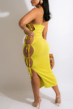 Yellow Fashion Sexy Solid Bandage Hollowed Out Backless Spaghetti Strap Sleeveless Dress