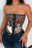 Black Fashion Sexy Print Patchwork Backless Strapless Tops