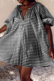 Pink Casual Plaid Patchwork V Neck Cake Skirt Dresses