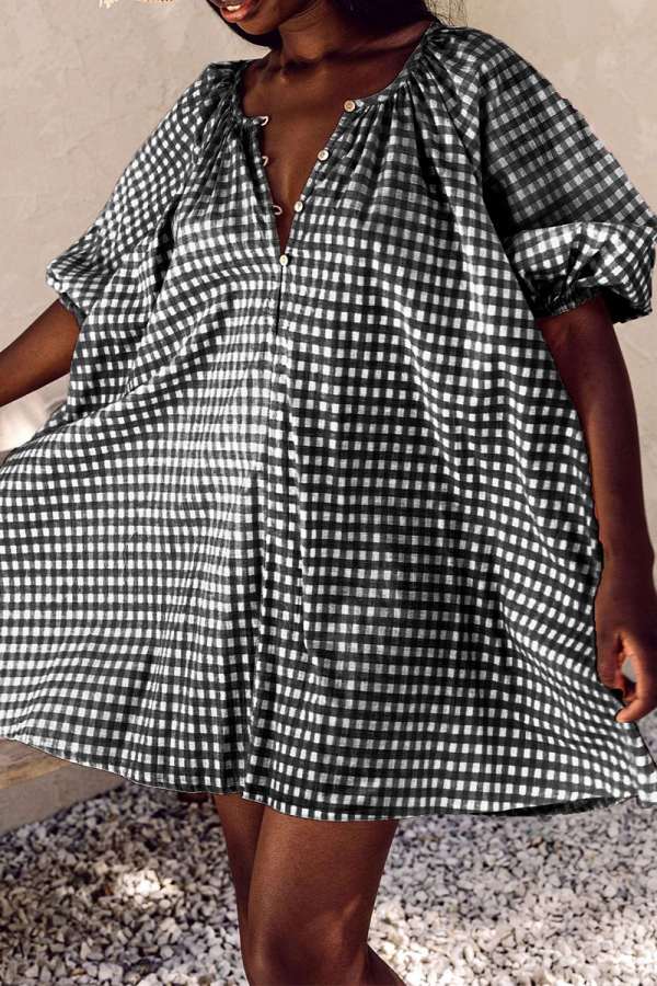 Black Casual Plaid Patchwork V Neck Cake Skirt Dresses