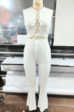White Sexy Solid Bandage Hollowed Out Patchwork O Neck Sleeveless Two Pieces
