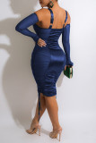 Deep Blue Sexy Solid Patchwork See-through Zipper Spaghetti Strap One Step Skirt Dresses