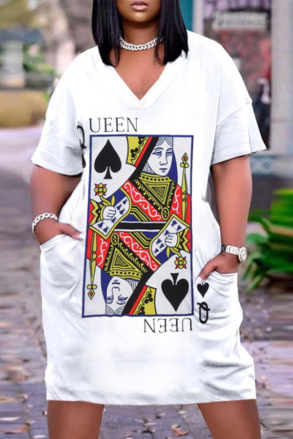 White Fashion Casual Print Poker V Neck A Line Dresses