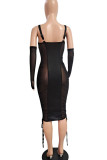 Deep Blue Sexy Solid Patchwork See-through Zipper Spaghetti Strap One Step Skirt Dresses