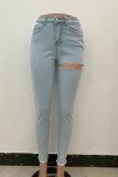 Light Color Sexy Solid Ripped Skinny Mid Waist Pencil Solid Color Bottoms
