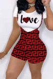 Red Casual Print Patchwork Spaghetti Strap Short Sleeve Two Pieces