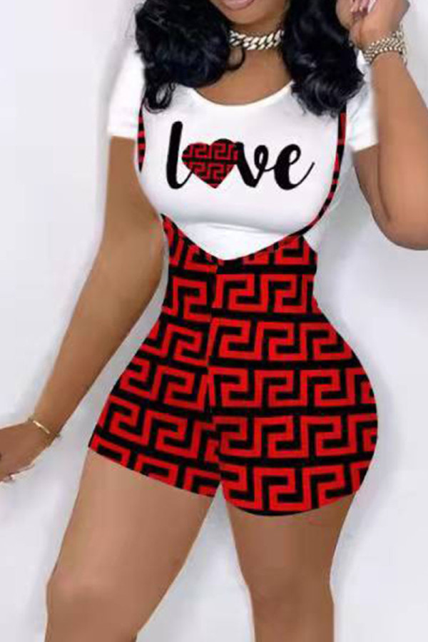 Red Casual Print Patchwork Spaghetti Strap Short Sleeve Two Pieces