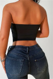 Black Fashion Sexy Print Patchwork Backless Strapless Tops