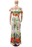 Colour Sweet Print Patchwork Flounce Off the Shoulder Short Sleeve Two Pieces