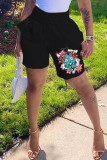 Black Fashion Casual Print Basic Regular High Waist Shorts