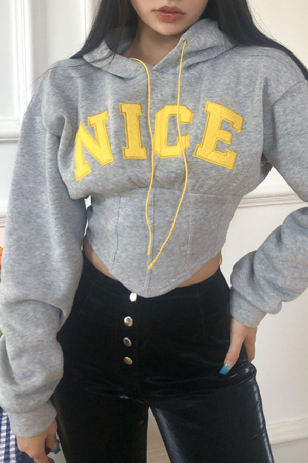 Grey Casual Street Solid Embroidered Bandage Patchwork Asymmetrical Hooded Collar Tops