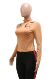Camel Fashion Casual Solid Hollowed Out O Neck Tops