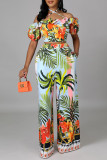 Colour Sweet Print Patchwork Flounce Off the Shoulder Short Sleeve Two Pieces