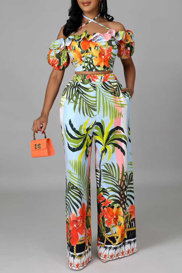 Colour Sweet Print Patchwork Flounce Off the Shoulder Short Sleeve Two Pieces