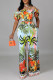 Colour Sweet Print Patchwork Flounce Off the Shoulder Short Sleeve Two Pieces