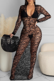 Black Sexy Solid See-through Mesh U Neck Pencil Skirt Dresses