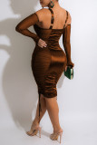 Deep Blue Sexy Solid Patchwork See-through Zipper Spaghetti Strap One Step Skirt Dresses