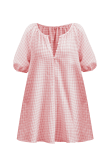 Pink Casual Plaid Patchwork V Neck Cake Skirt Dresses
