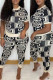 Black And White Fashion Casual Print Patchwork Letter O Neck Short Sleeve Two Pieces