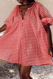 Pink Casual Plaid Patchwork V Neck Cake Skirt Dresses