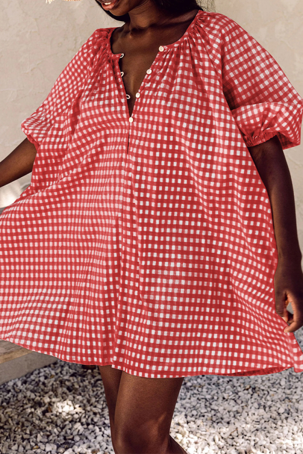 Red Casual Plaid Patchwork V Neck Cake Skirt Dresses