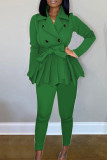 Green Casual Solid Patchwork Fold Asymmetrical Turn-back Collar Long Sleeve Two Pieces