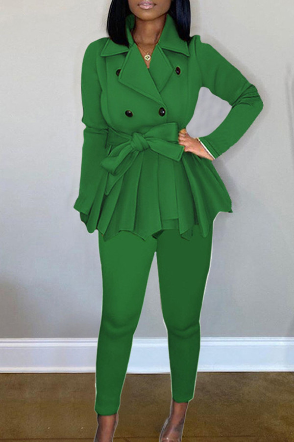 Green Casual Solid Patchwork Fold Asymmetrical Turn-back Collar Long Sleeve Two Pieces