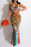 Leopard Print Sexy Leopard Patchwork Halter Sleeveless Two Pieces