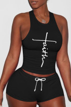 Black Sexy Sportswear Print Split Joint O Neck Sleeveless Two Pieces