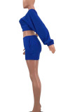 Blue Casual Solid Patchwork Oblique Collar Long Sleeve Two Pieces