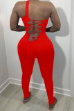 Pink Sexy Solid Hollowed Out One Shoulder Skinny Jumpsuits