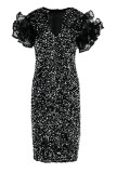 Deep Blue Sexy Solid Sequins Patchwork O Neck One Step Skirt Dresses