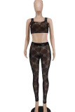Black Sexy Print Patchwork See-through U Neck Two Pieces