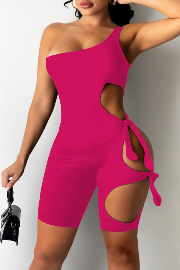 Pink Fashion Sexy Solid Bandage Hollowed Out Backless One Shoulder Skinny Romper