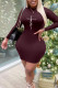 Burgundy Casual Print Patchwork O Neck Pencil Skirt Dresses