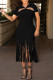 Black Sexy Solid Tassel Hollowed Out Patchwork V Neck Straight Dresses