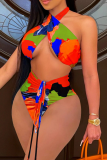 Orange Sexy Print Hollowed Out Draw String Swimwears