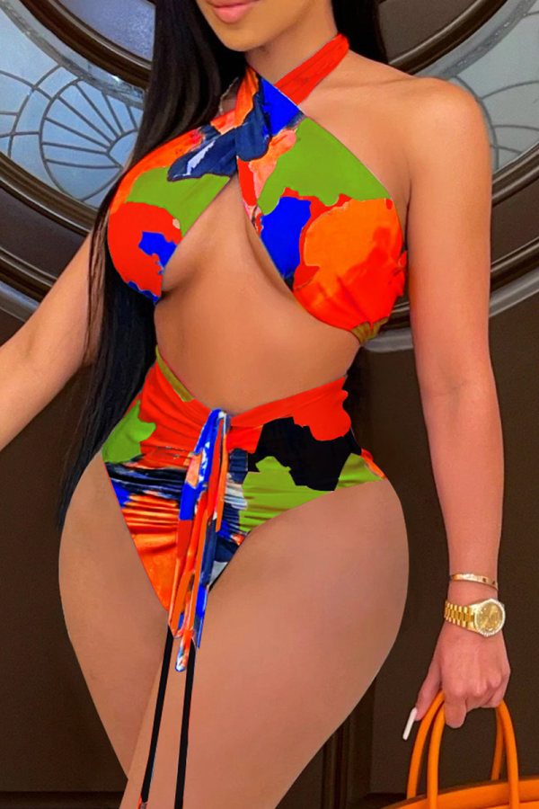 Orange Sexy Print Hollowed Out Draw String Swimwears
