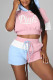 Blue Pink Casual Sportswear Print Patchwork Hooded Collar Short Sleeve Two Pieces