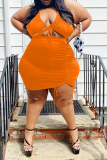 Orange Sexy Solid Split Joint Halter Pencil Skirt Plus Size Two Pieces