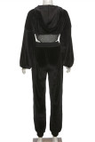 Black Fashion Casual Solid Hollowed Out Patchwork Hooded Collar Long Sleeve Two Pieces