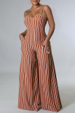 Green Casual Striped Patchwork Spaghetti Strap Loose Jumpsuits